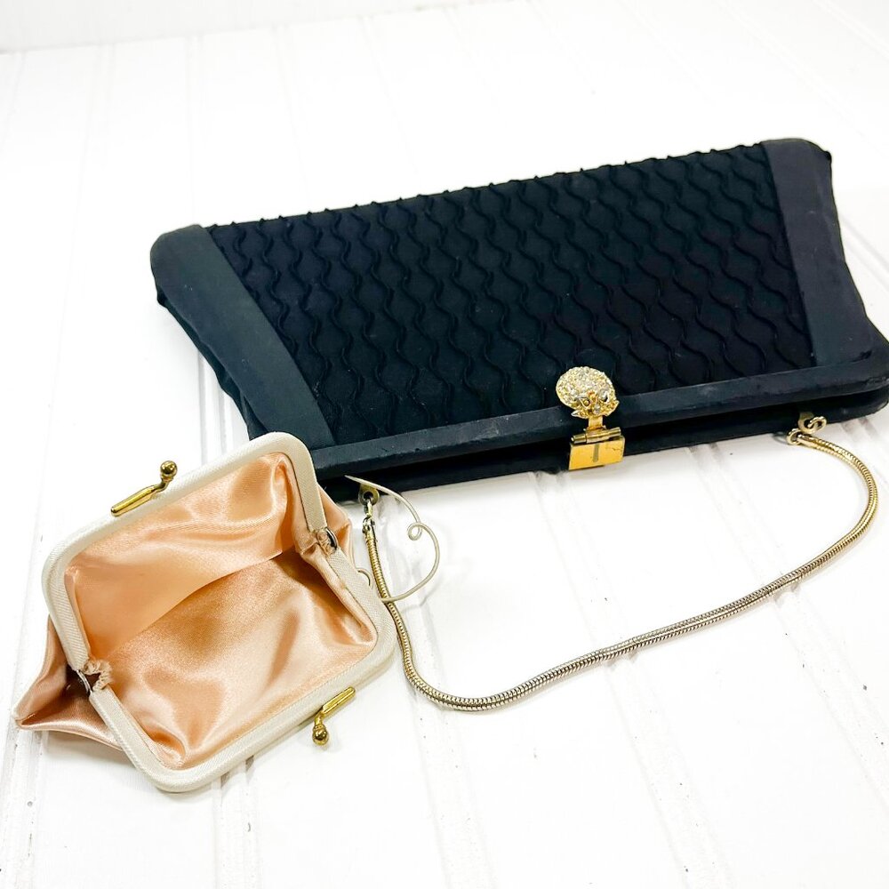 Vintage Harry Levine Black Evening Clutch with Rhinestone Strawberry Clasp‎